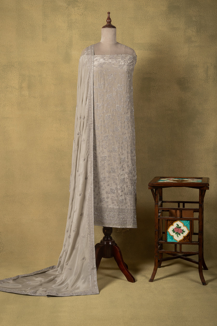 Silver Grey Crepe Sequin Embroidered Unstitched Suit