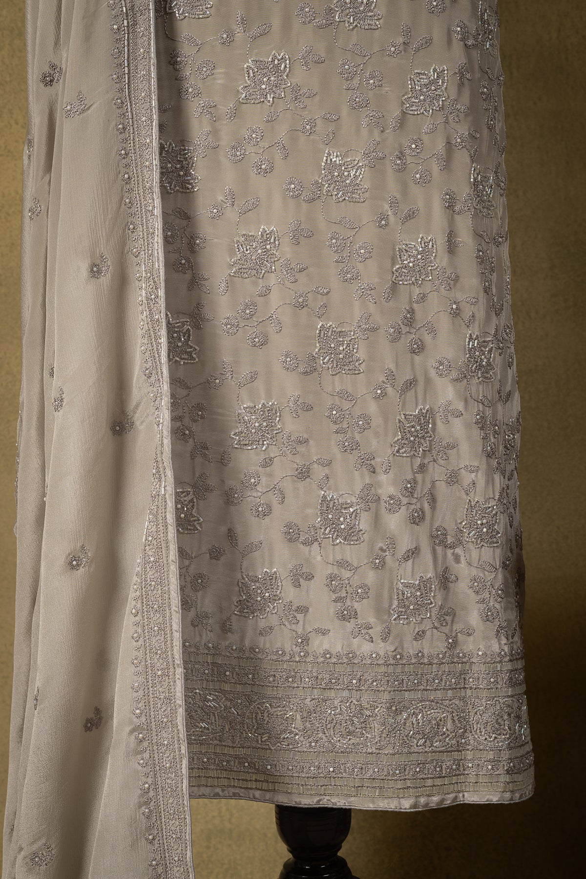 Silver Grey Crepe Sequin Embroidered Unstitched Suit