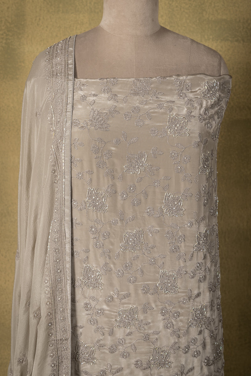 Silver Grey Crepe Sequin Embroidered Unstitched Suit