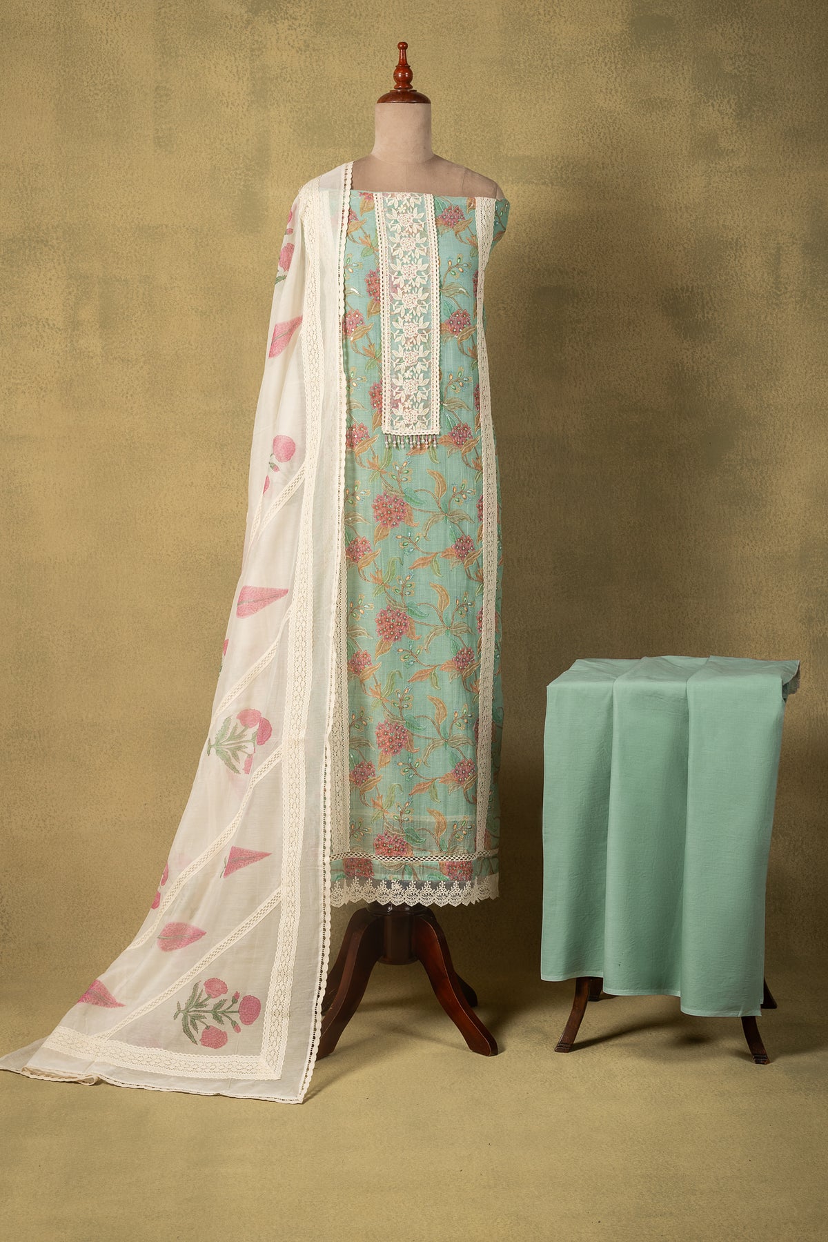 Sea Green Mul Floral Embroidered Unstitched Suit