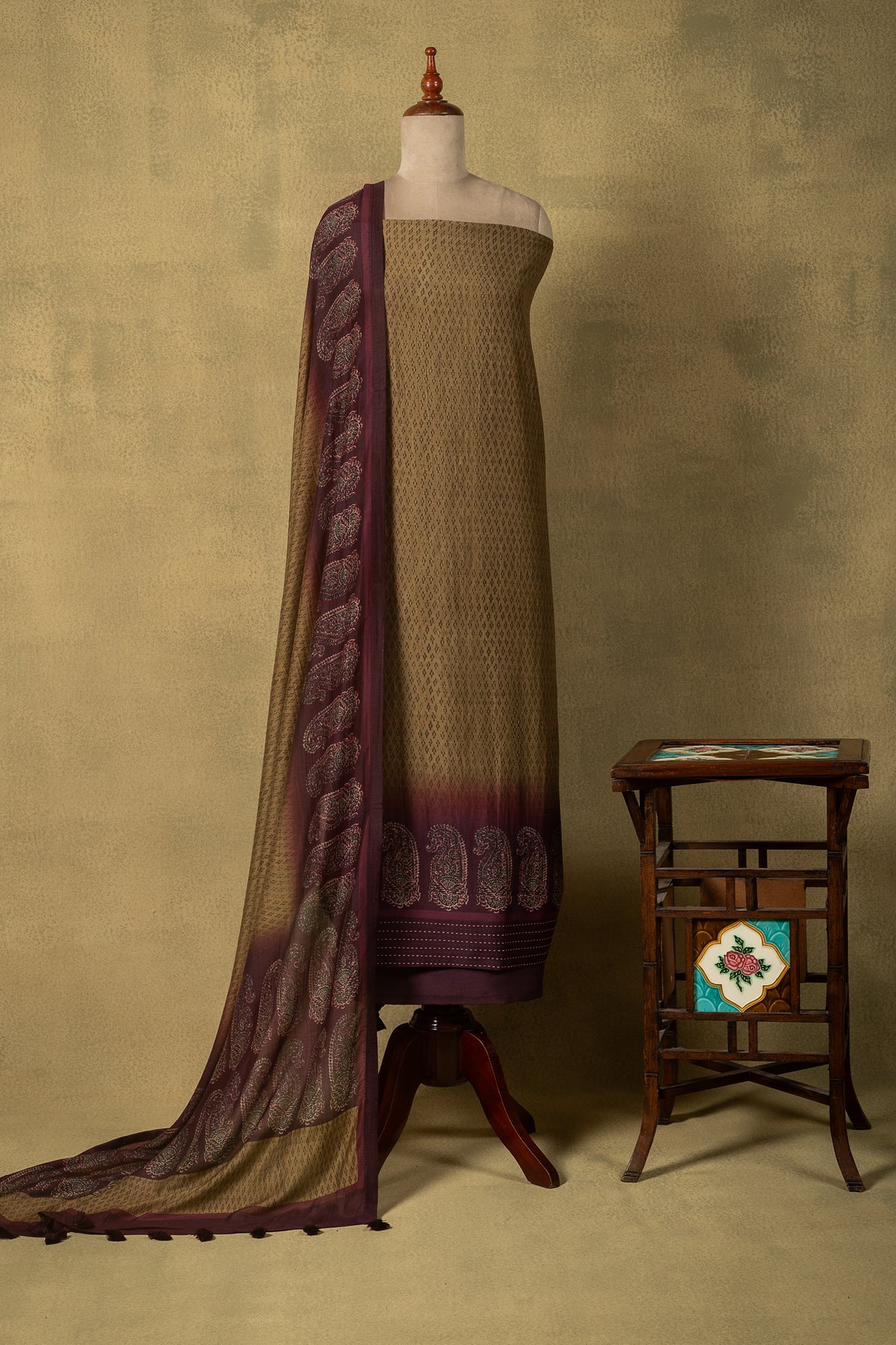 Beige Purple Ombre Soft Silk Printed Unstitched Suit