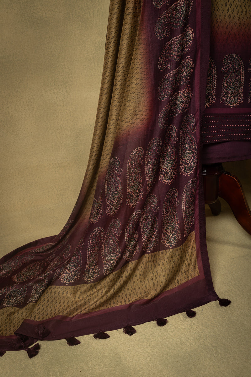 Beige Purple Ombre Soft Silk Printed Unstitched Suit