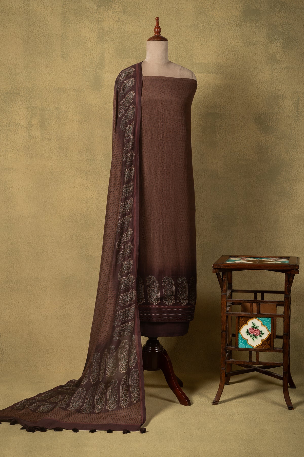 Dark Brown Ombre Soft Silk Printed Unstitched Suit