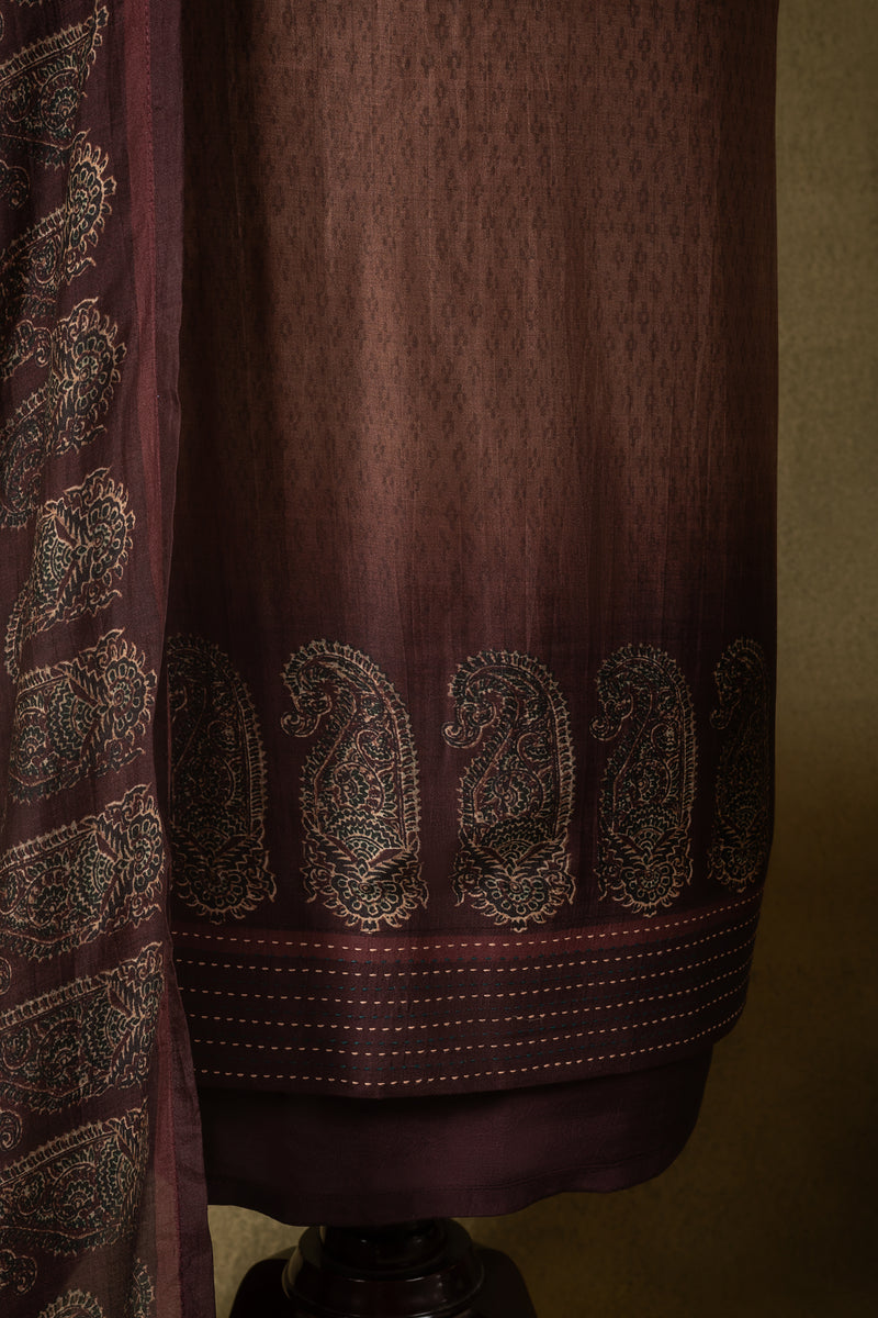 Dark Brown Ombre Soft Silk Printed Unstitched Suit