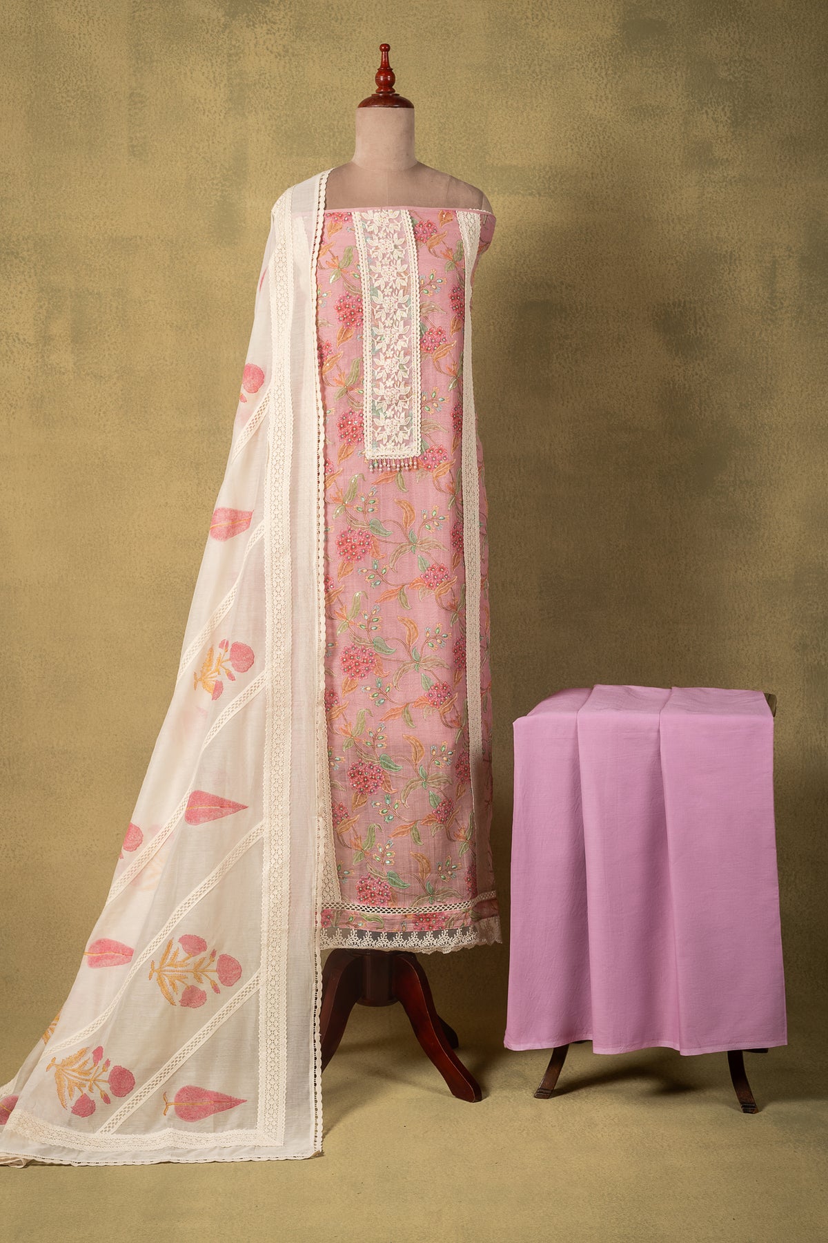 Pink Mul Floral Embroidered Unstitched Suit