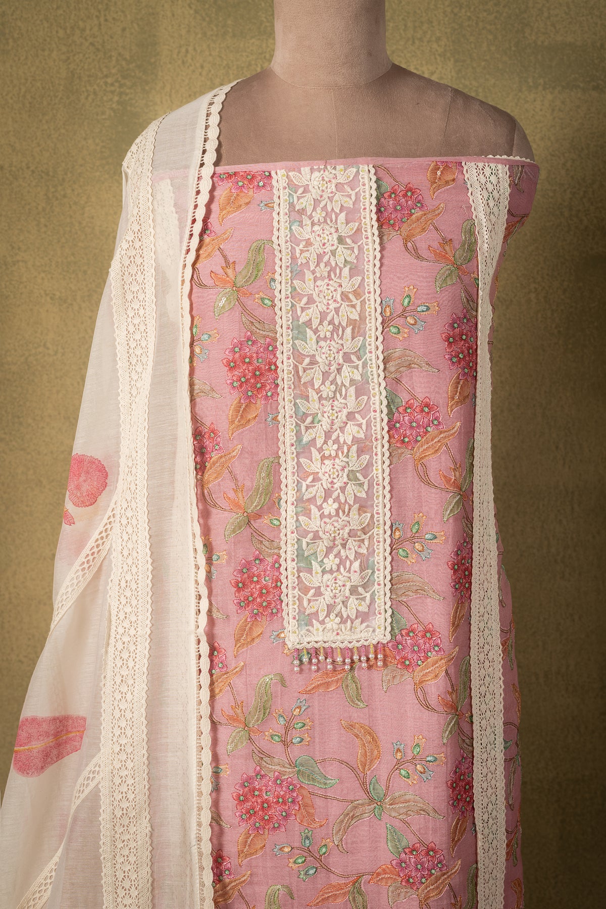 Pink Mul Floral Embroidered Unstitched Suit