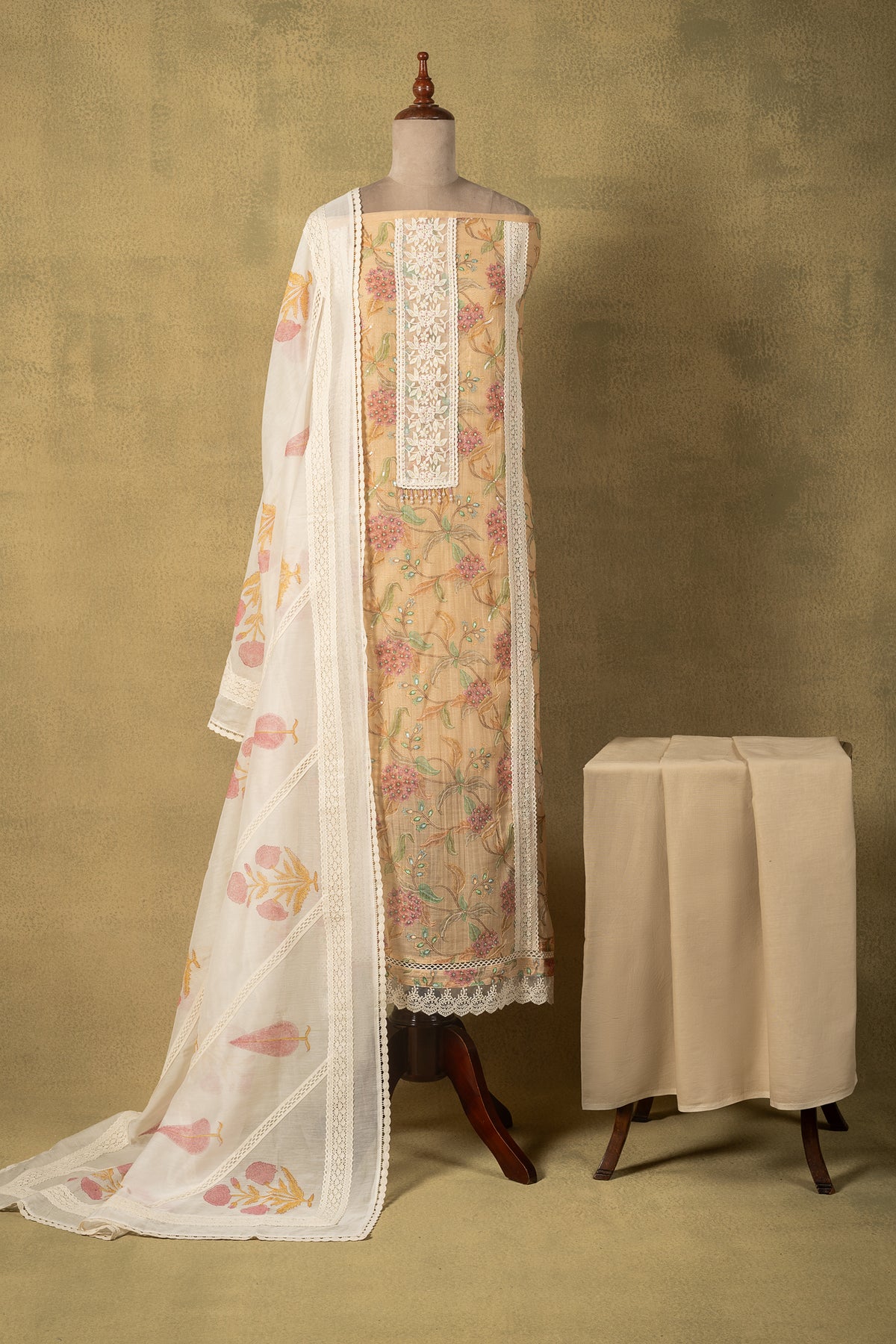 Yellow Mul Floral Embroidered Unstitched Suit
