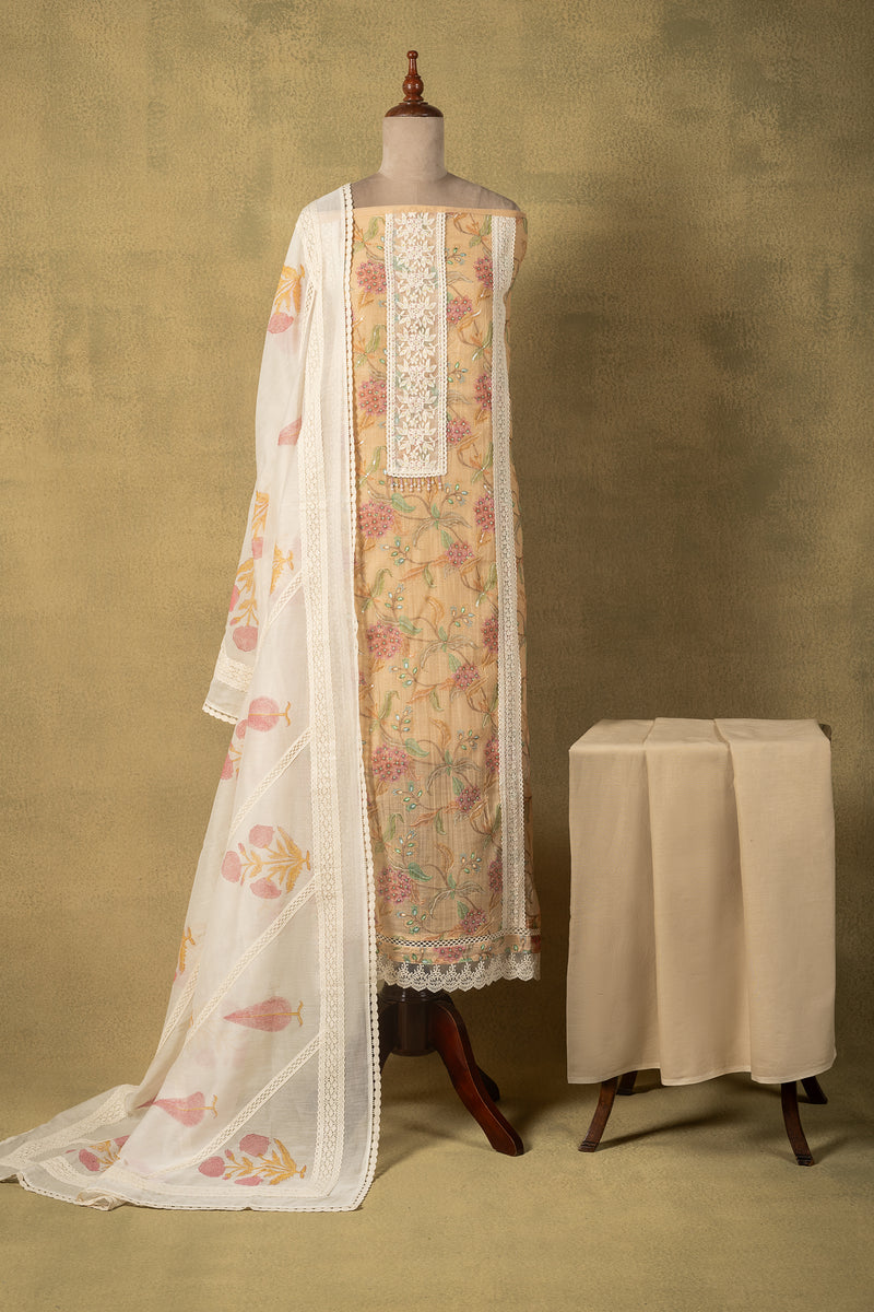 Yellow Mul Floral Embroidered Unstitched Suit
