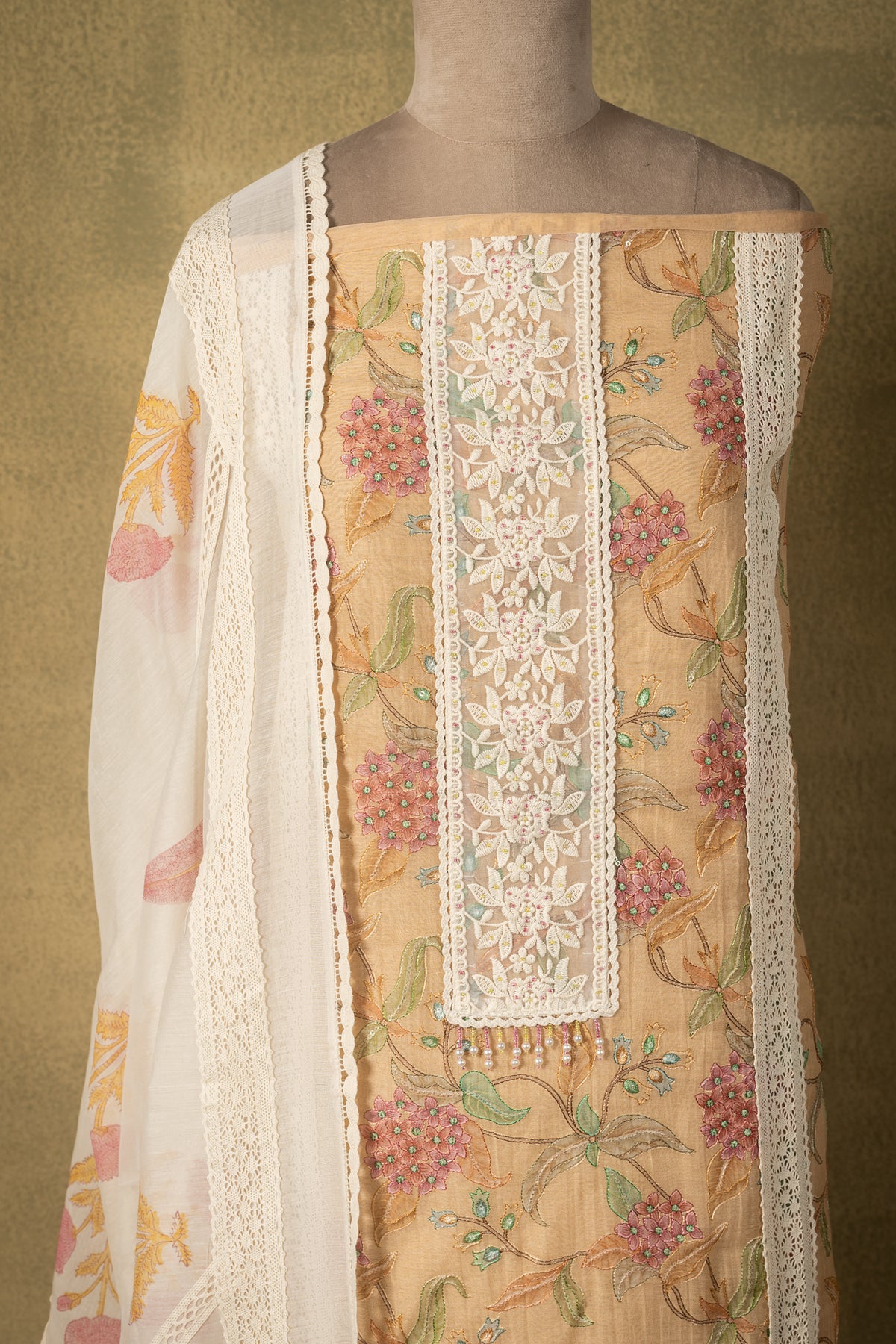 Yellow Mul Floral Embroidered Unstitched Suit
