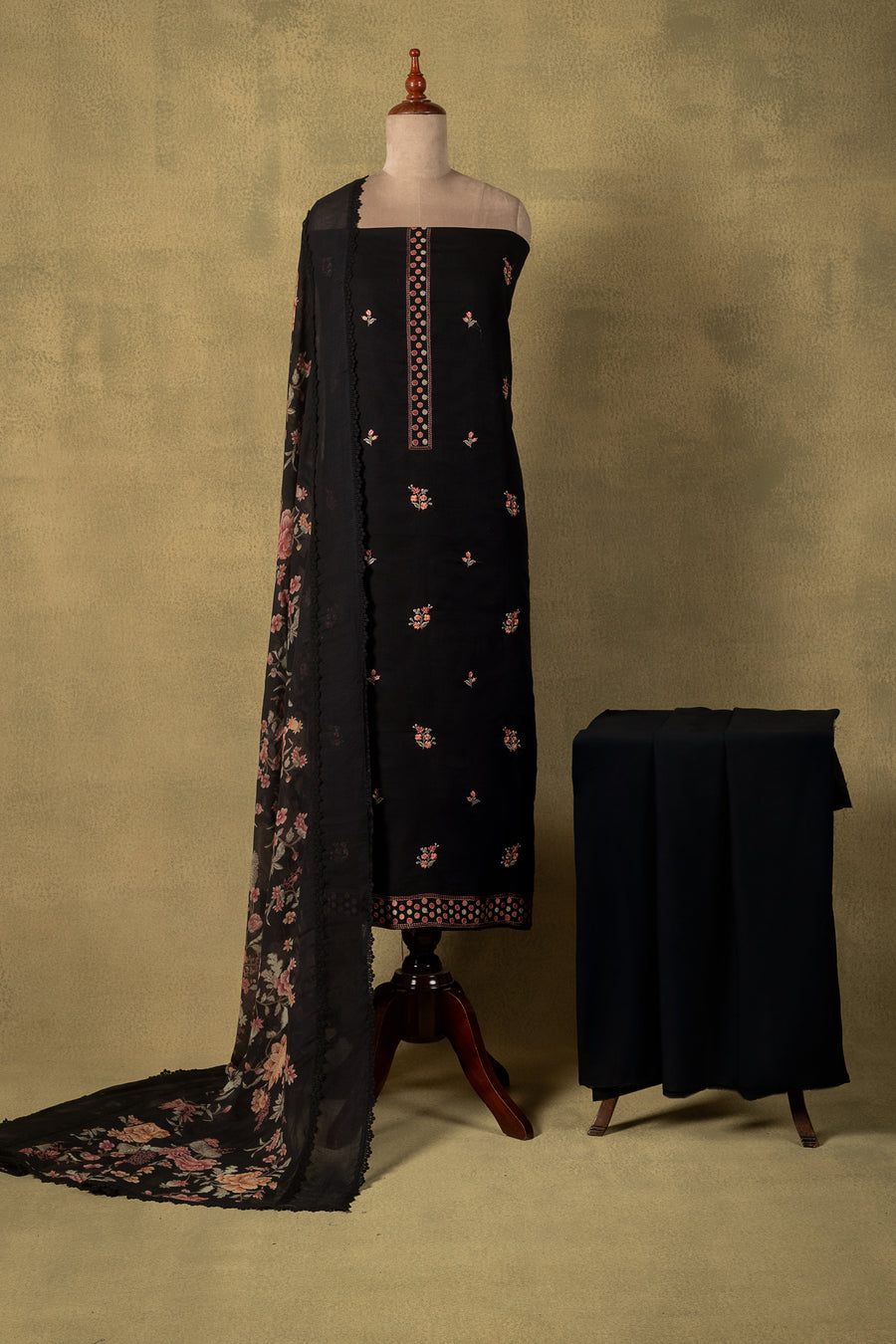 Black Floral Linen Cotton Embroidered Unstitched Suit