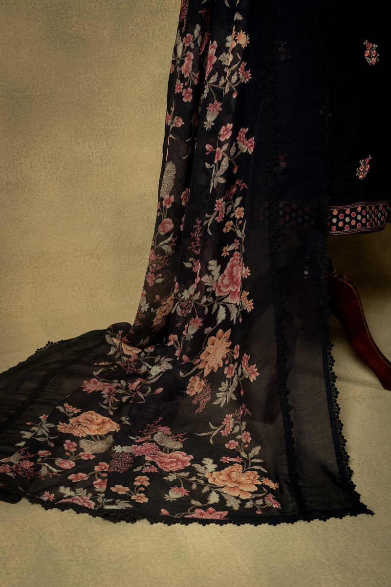 Black Floral Linen Cotton Embroidered Unstitched Suit Sterling house