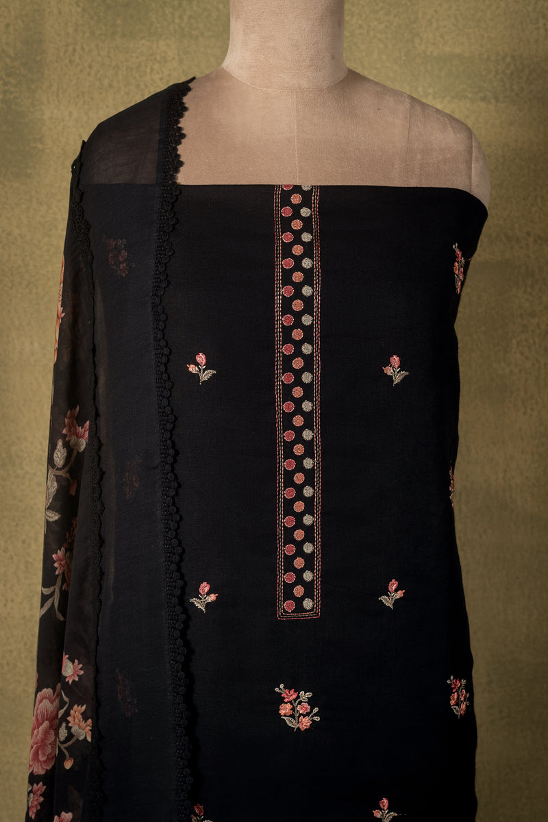 Black Floral Linen Cotton Embroidered Unstitched Suit Sterling house