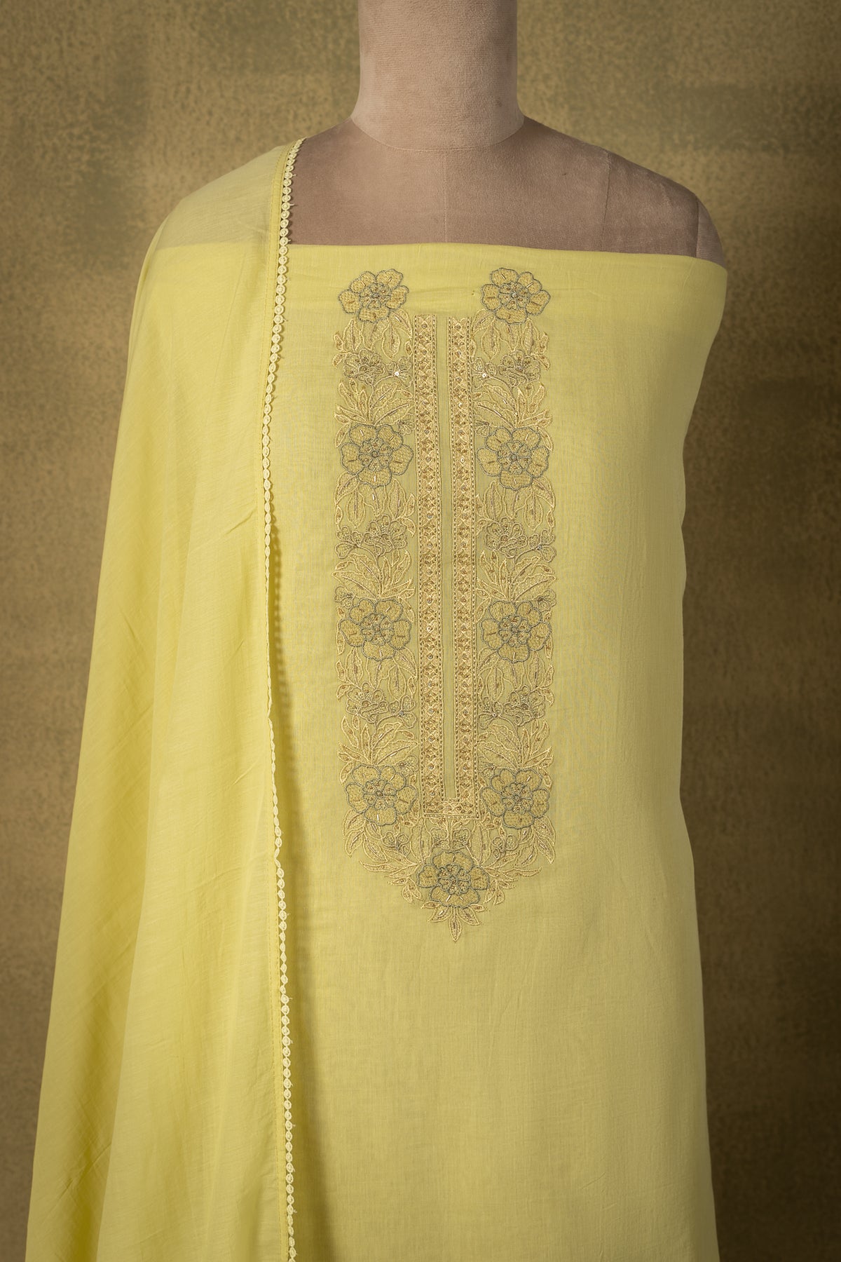 Pastel Yellow Embroidered Mul Unstitched Suit