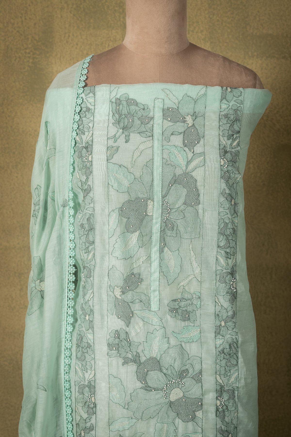 Mint Green Floral Embroidered Mul Unstitched Suit