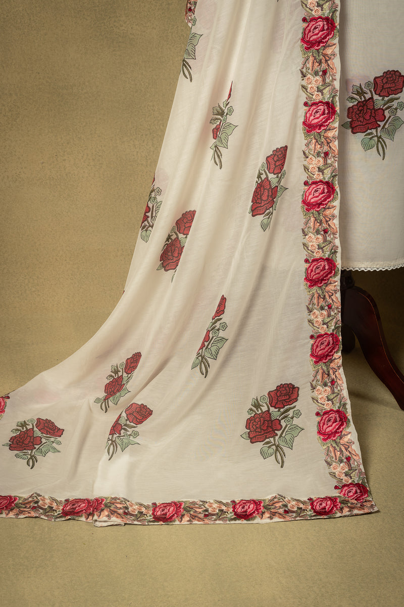 White Floral Embroidery Unstitched Suit Set Sterling House