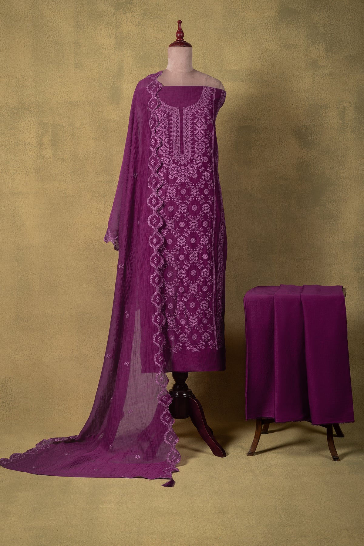 Magenta Floral Embroidered Mul Unstitched Suit