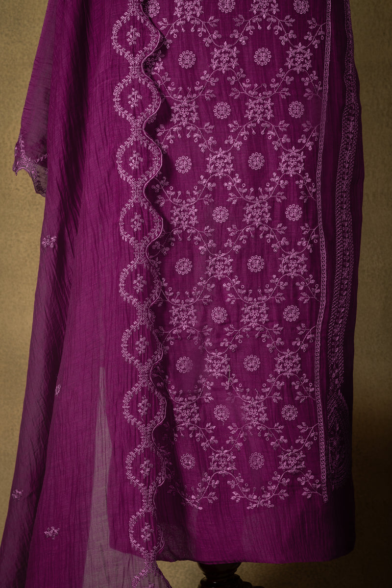 Magenta Floral Embroidered Mul Unstitched Suit