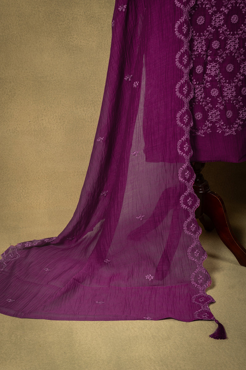 Magenta Floral Embroidered Mul Unstitched Suit