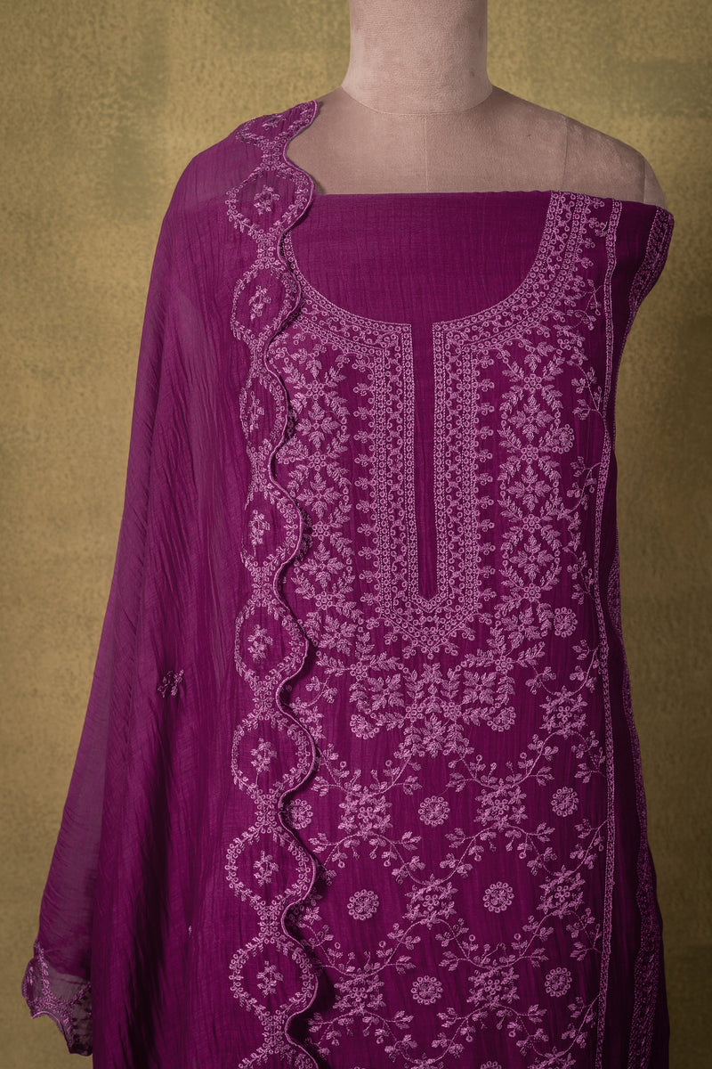 Magenta Floral Embroidered Mul Unstitched Suit