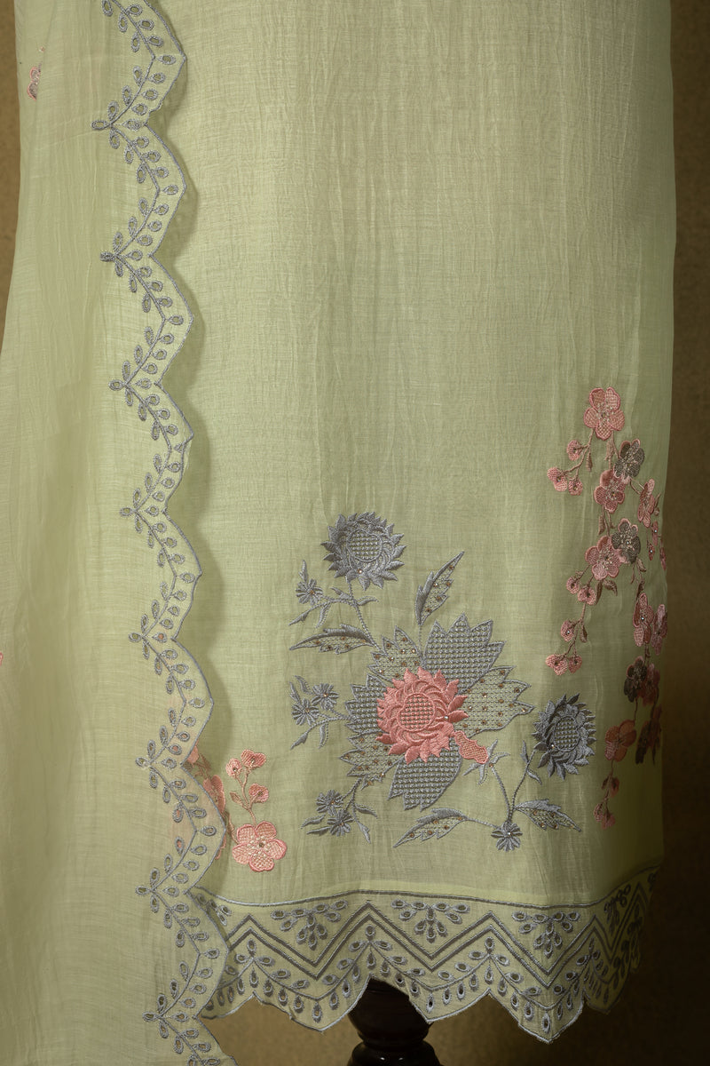 Pista Green Floral Embroidered Mul Unstitched Suit