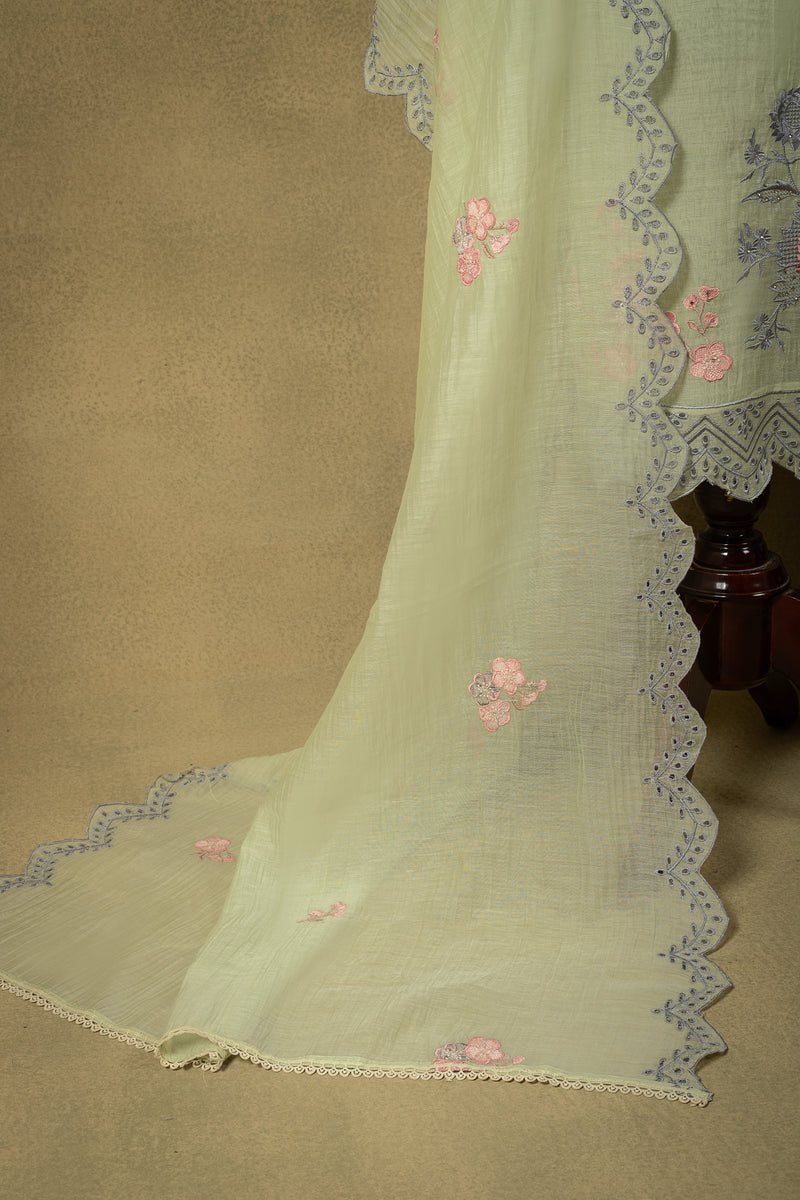 Pista Green Floral Embroidered Mul Unstitched Suit