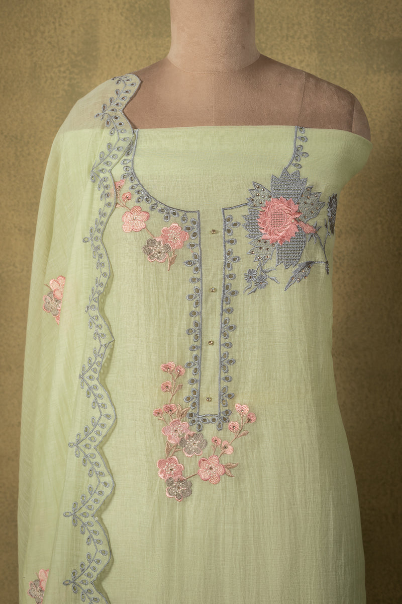 Pista Green Floral Embroidered Mul Unstitched Suit