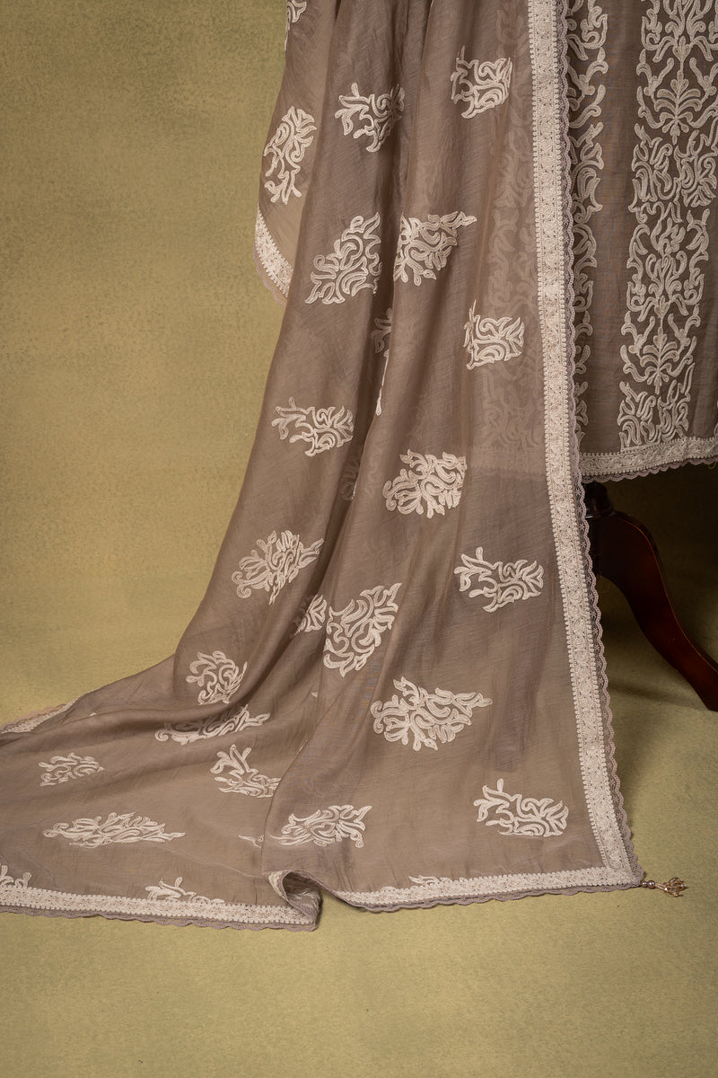 Beige White Embroidered Mul Unstitched Suit Sterling House