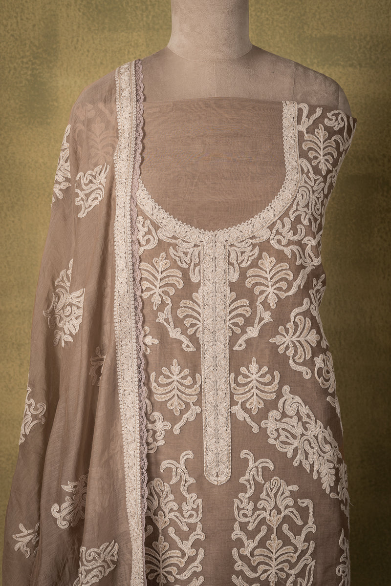 Beige White Embroidered Mul Unstitched Suit Sterling House
