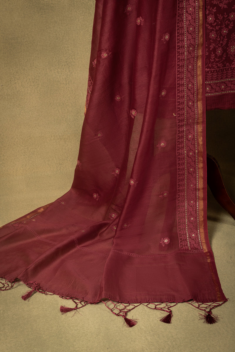 Deep Maroon Paisley Embroidered Mul Unstitched Suit Sterling House