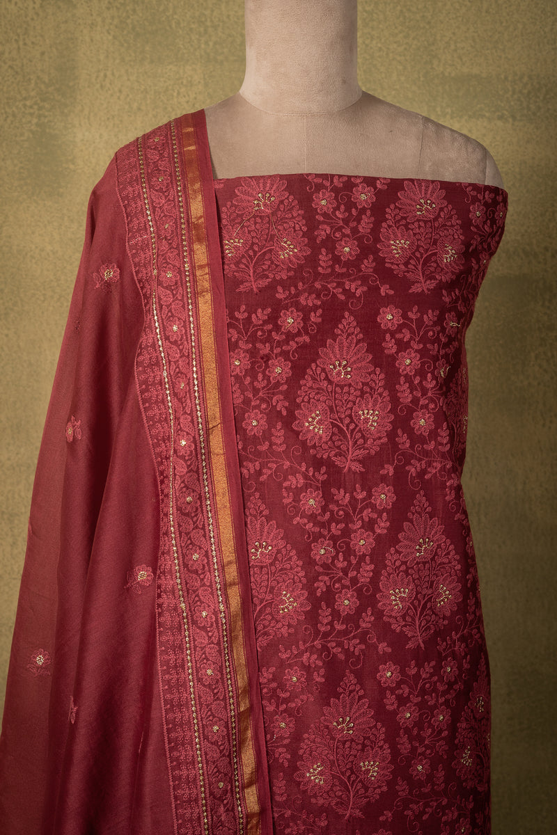 Deep Maroon Paisley Embroidered Mul Unstitched Suit Sterling House