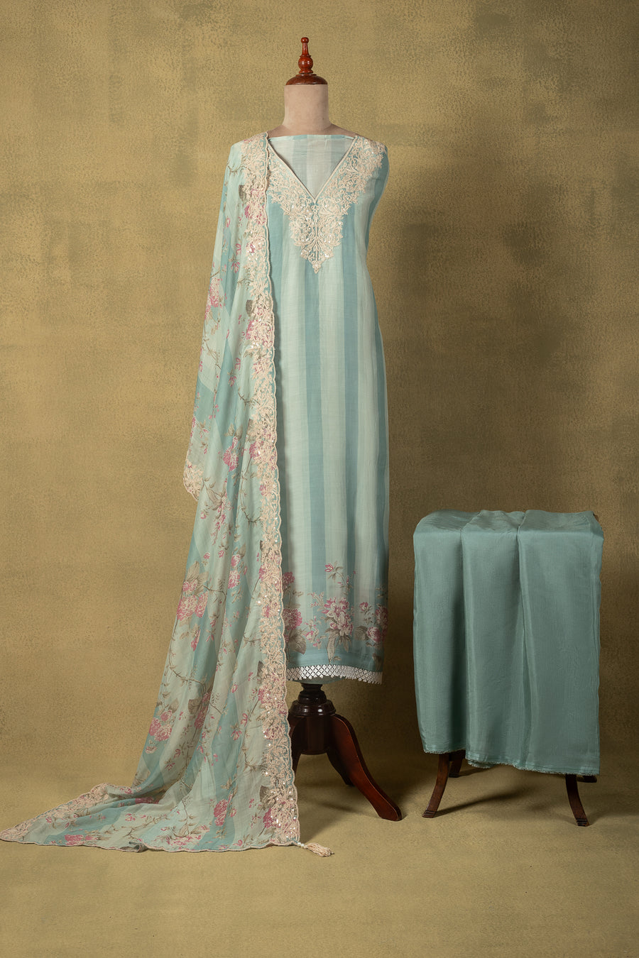 Blue Striped Muslin Embroidered Unstitched Suit