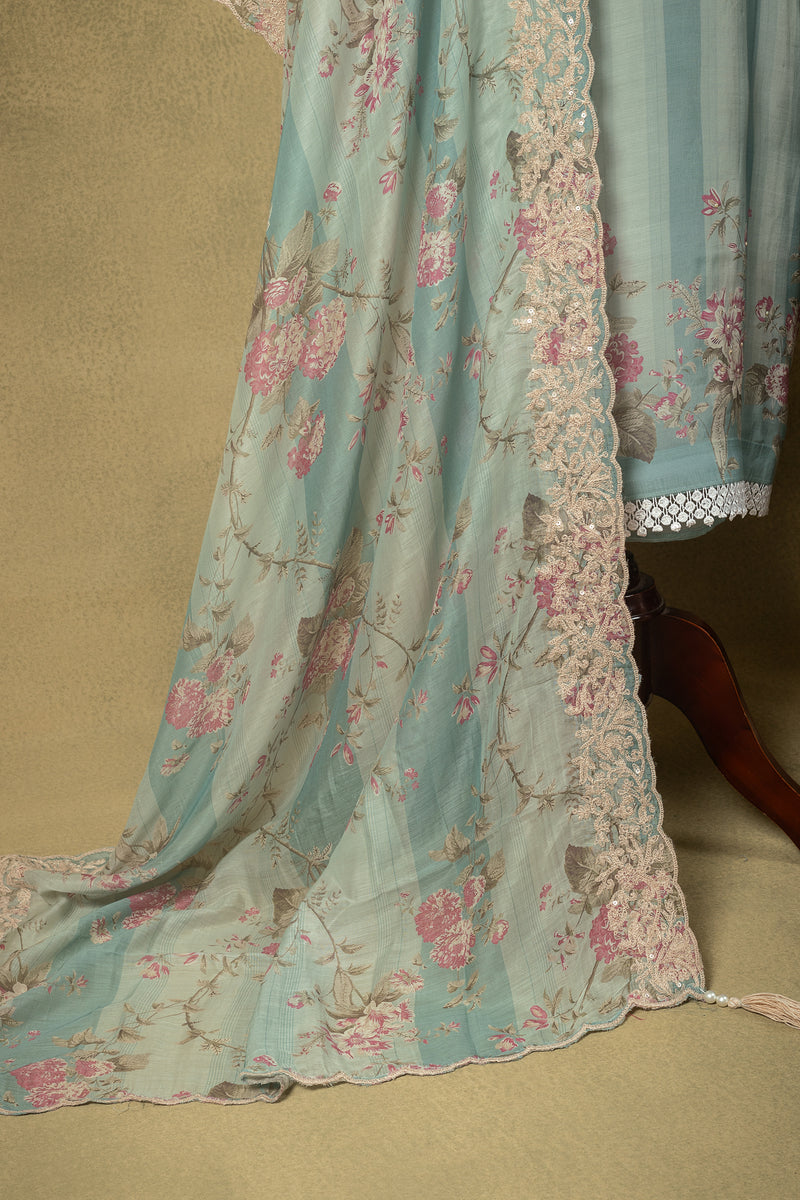 Blue Striped Muslin Embroidered Unstitched Suit Sterling House