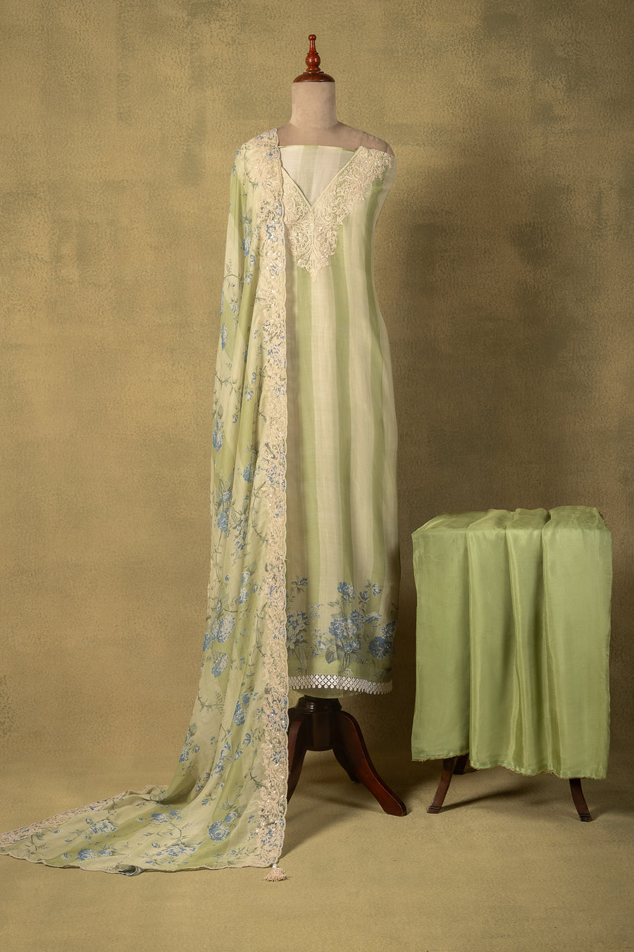 Sage Green Striped Muslin Embroidered Unstitched Suit