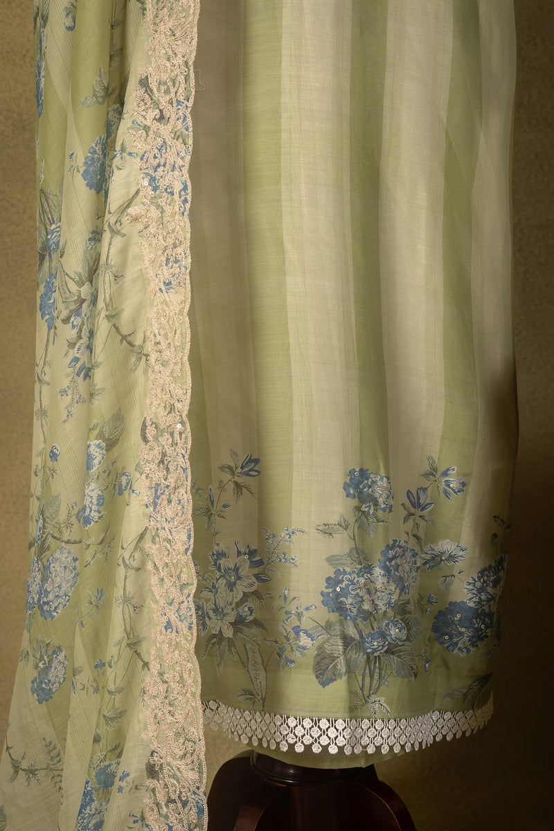 Sage Green Striped Muslin Embroidered Unstitched Suit Sterling House