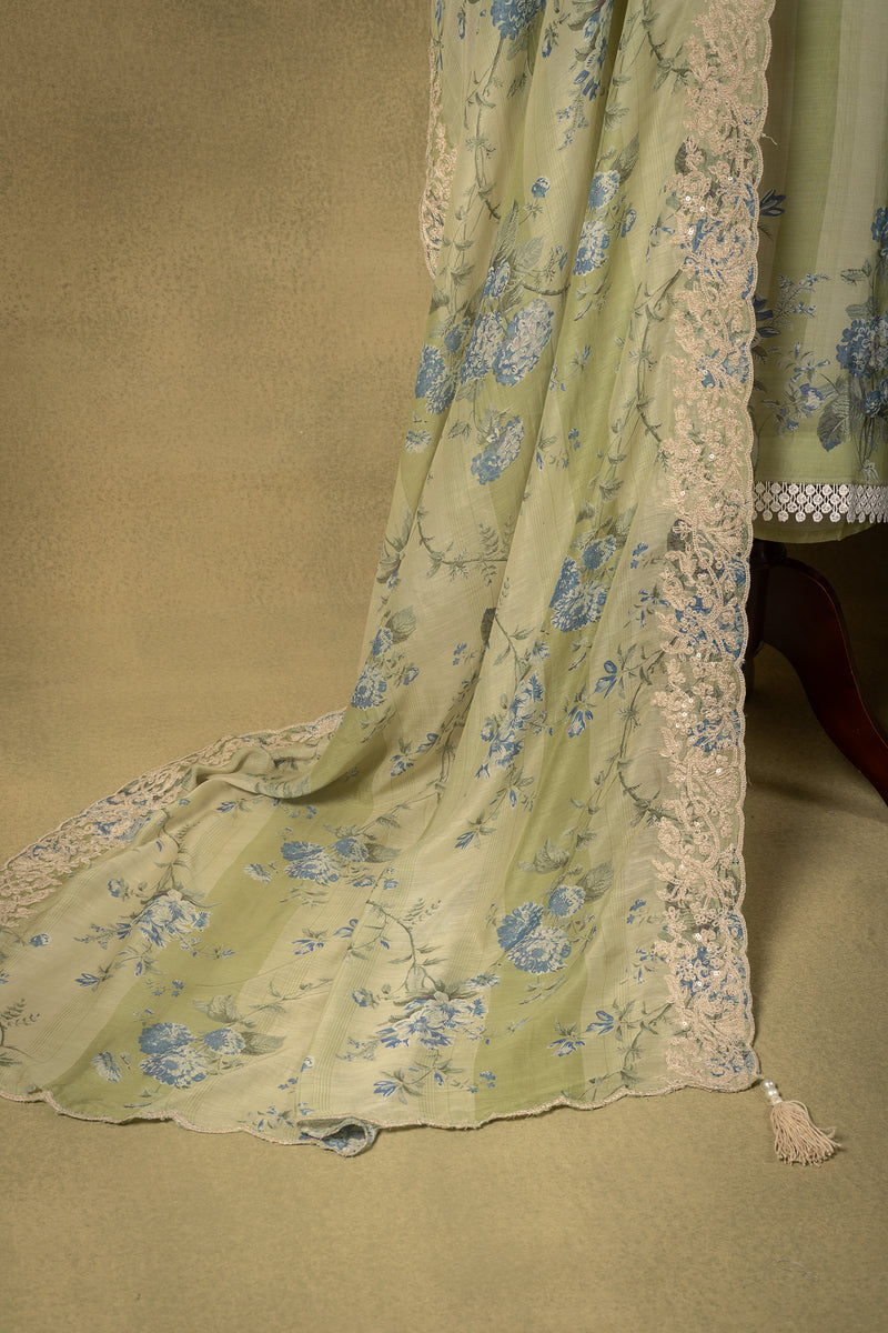 Sage Green Striped Muslin Embroidered Unstitched Suit Sterling House
