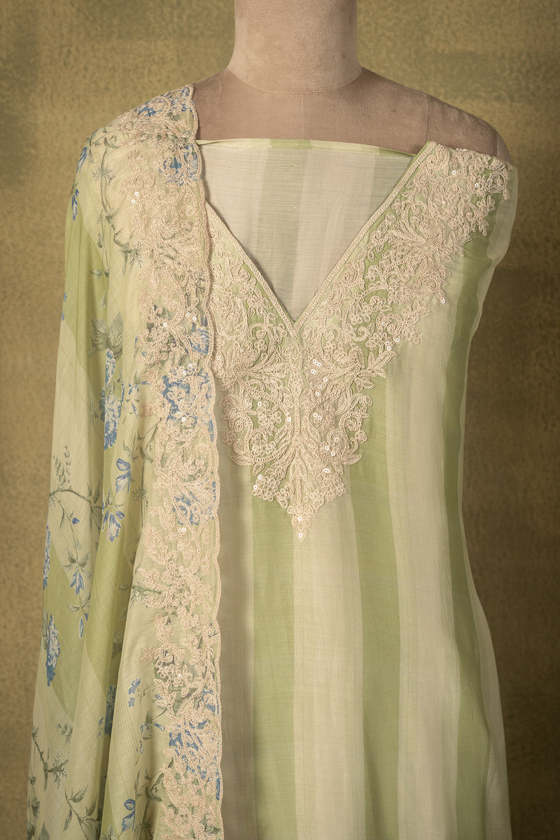 Sage Green Striped Muslin Embroidered Unstitched Suit Sterling House