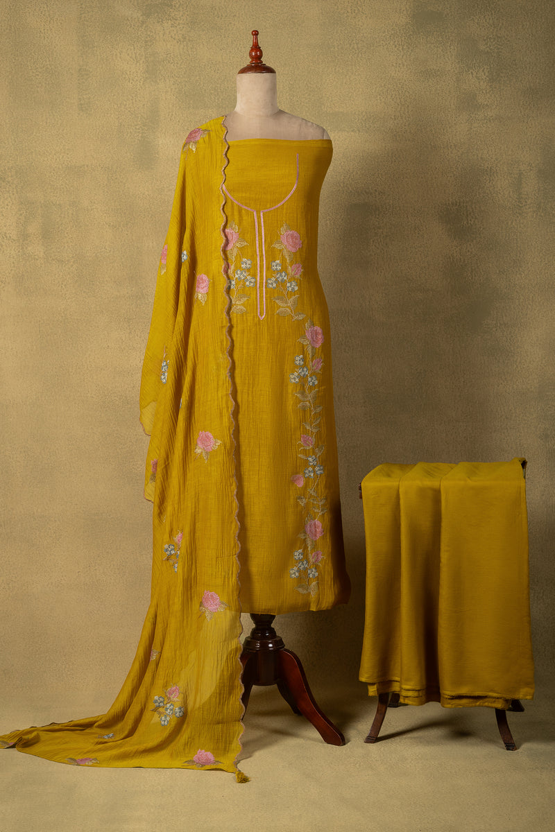 Mustard Yellow Floral Embroidered Mul Unstitched Suit