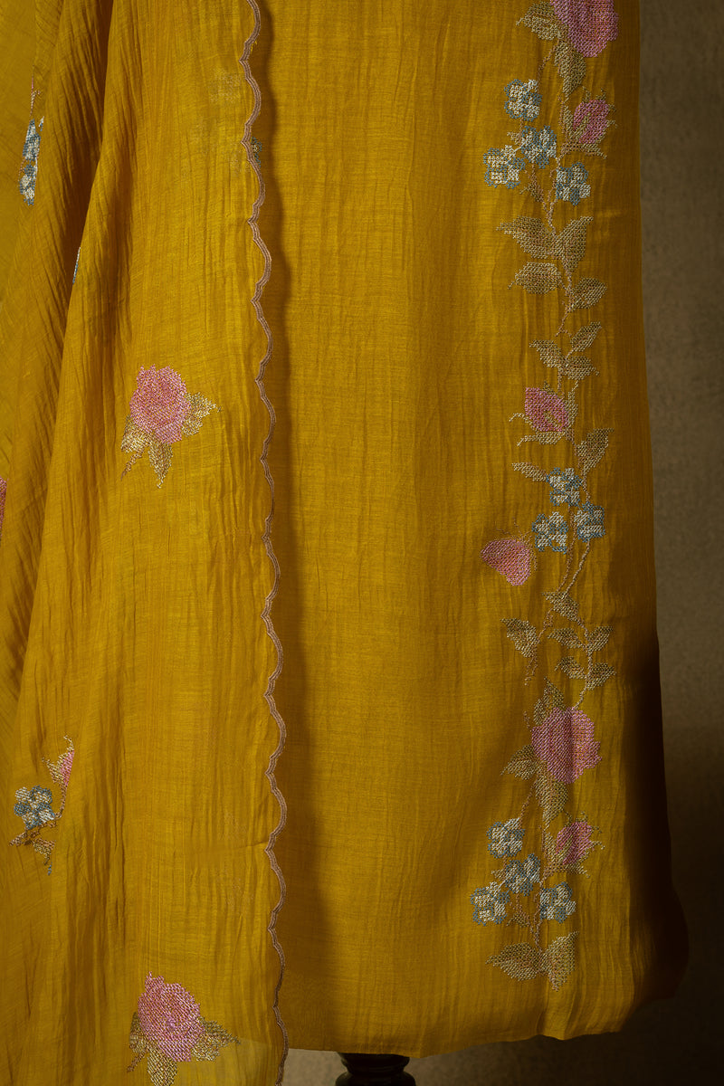 Mustard Yellow Floral Embroidered Mul Unstitched Suit