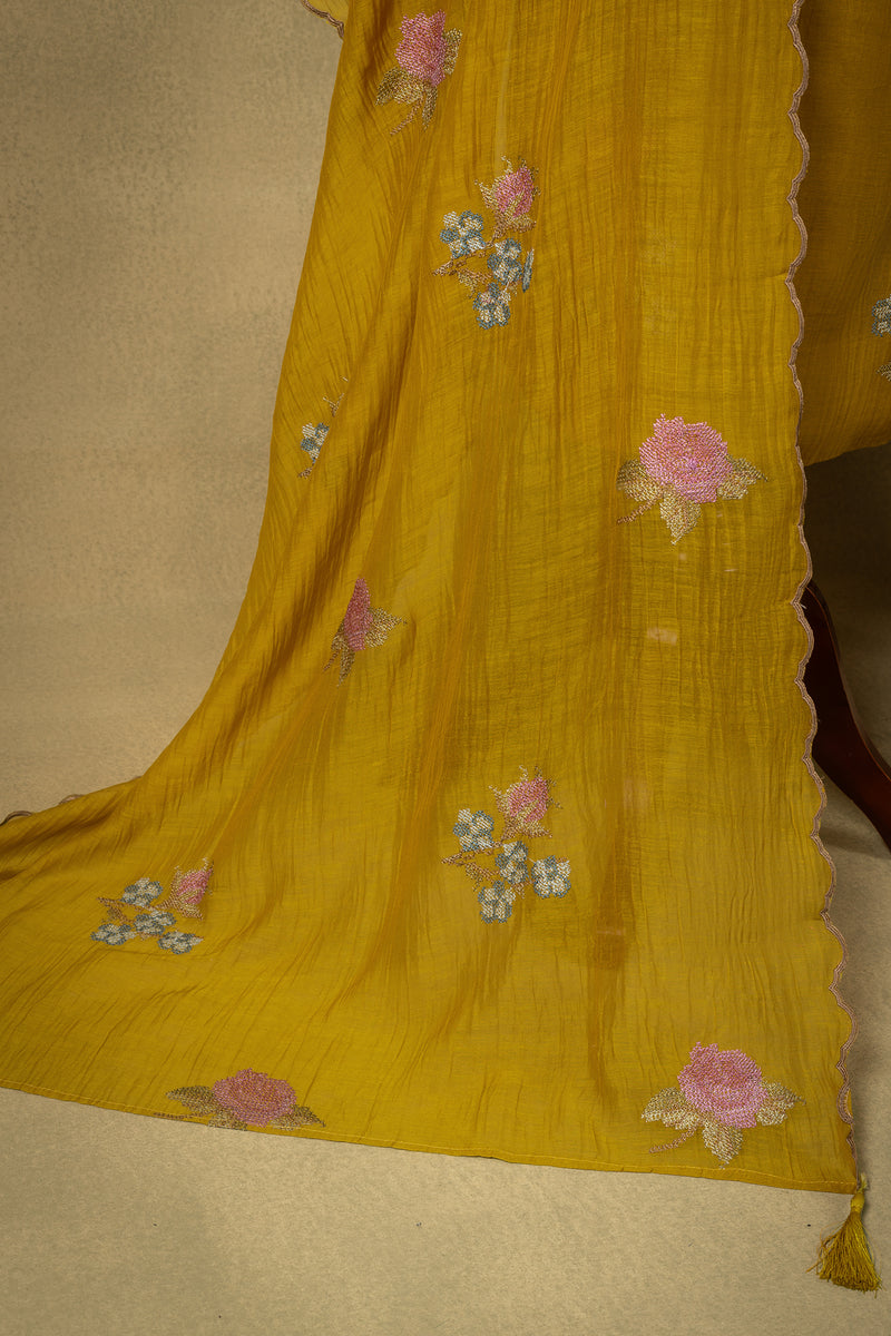 Mustard Yellow Floral Embroidered Mul Unstitched Suit