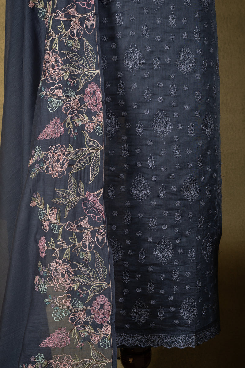 Slate Blue Linen Cotton Embroidered Unstitched Suit Sterling House