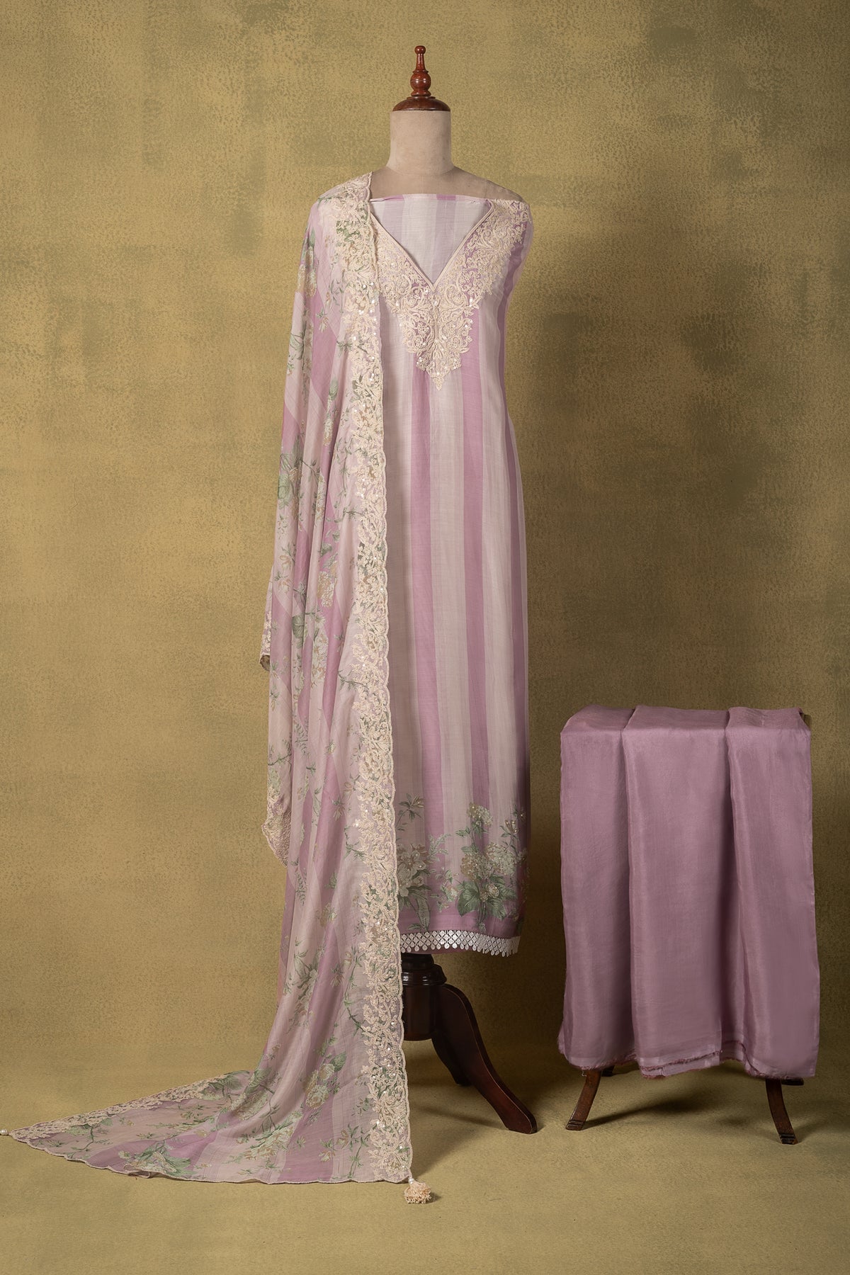 Dusty Mauve Striped Muslin Embroidered Unstitched Suit Sterling House