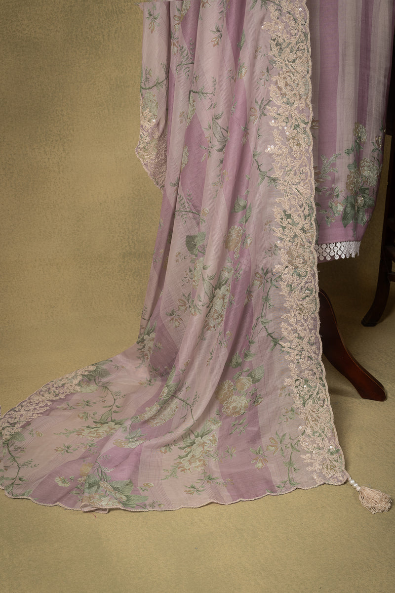 Dusty Mauve Striped Muslin Embroidered Unstitched Suit Sterling House