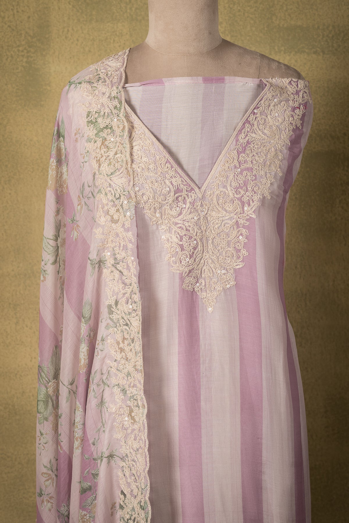 Dusty Mauve Striped Muslin Embroidered Unstitched Suit Sterling House