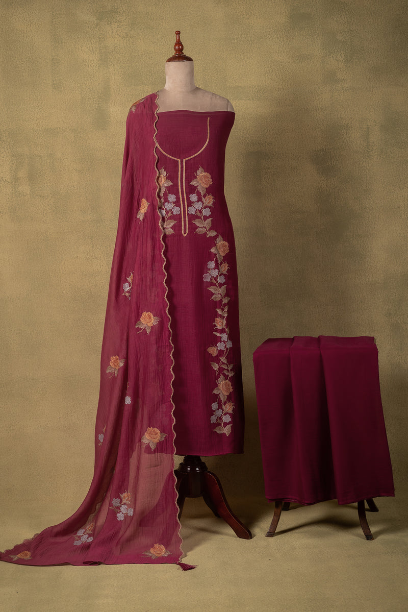 Magenta Plum Floral Embroidered Mul Unstitched Suit