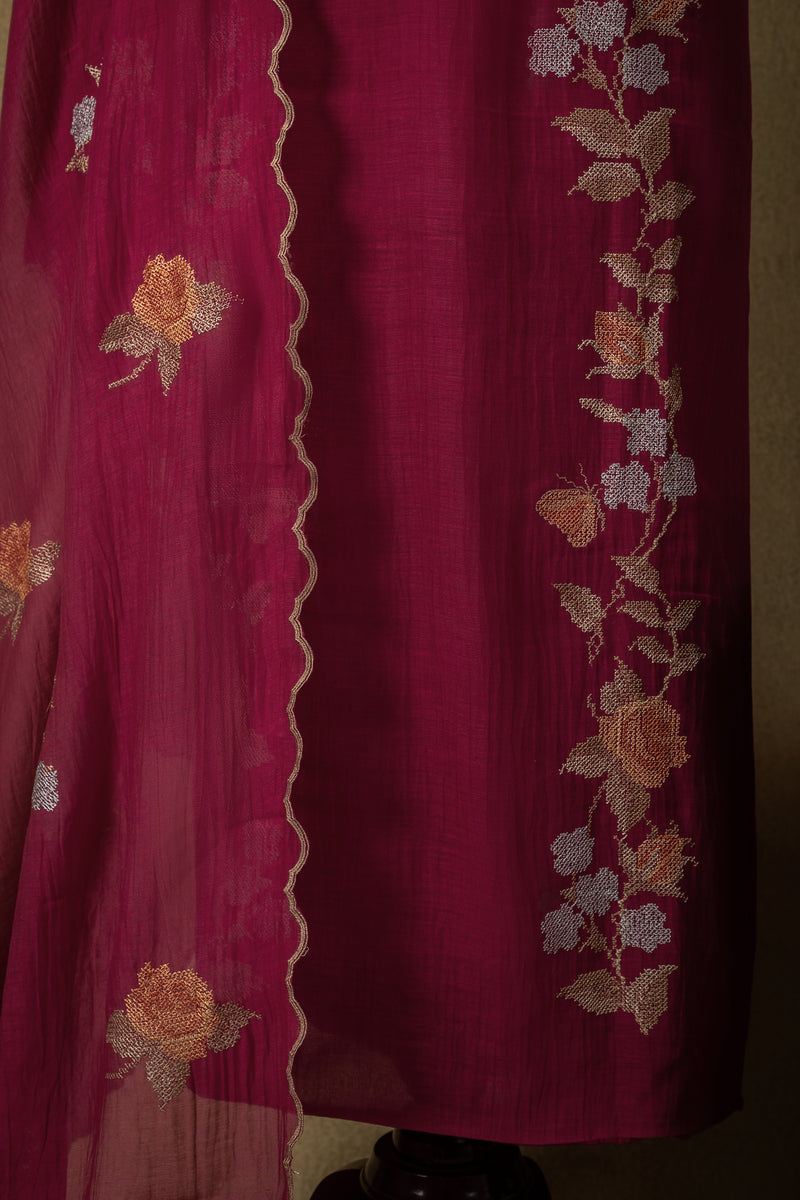 Magenta Plum Floral Embroidered Mul Unstitched Suit