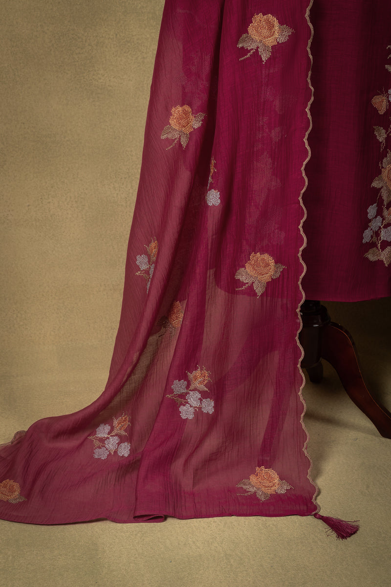 Magenta Plum Floral Embroidered Mul Unstitched Suit
