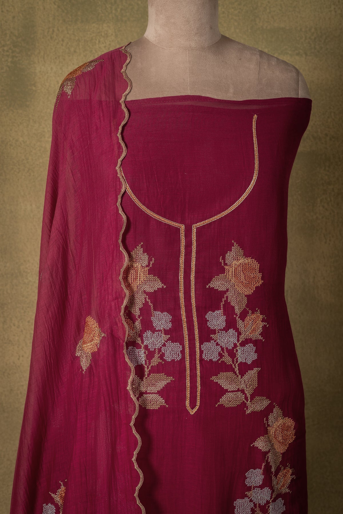 Magenta Plum Floral Embroidered Mul Unstitched Suit