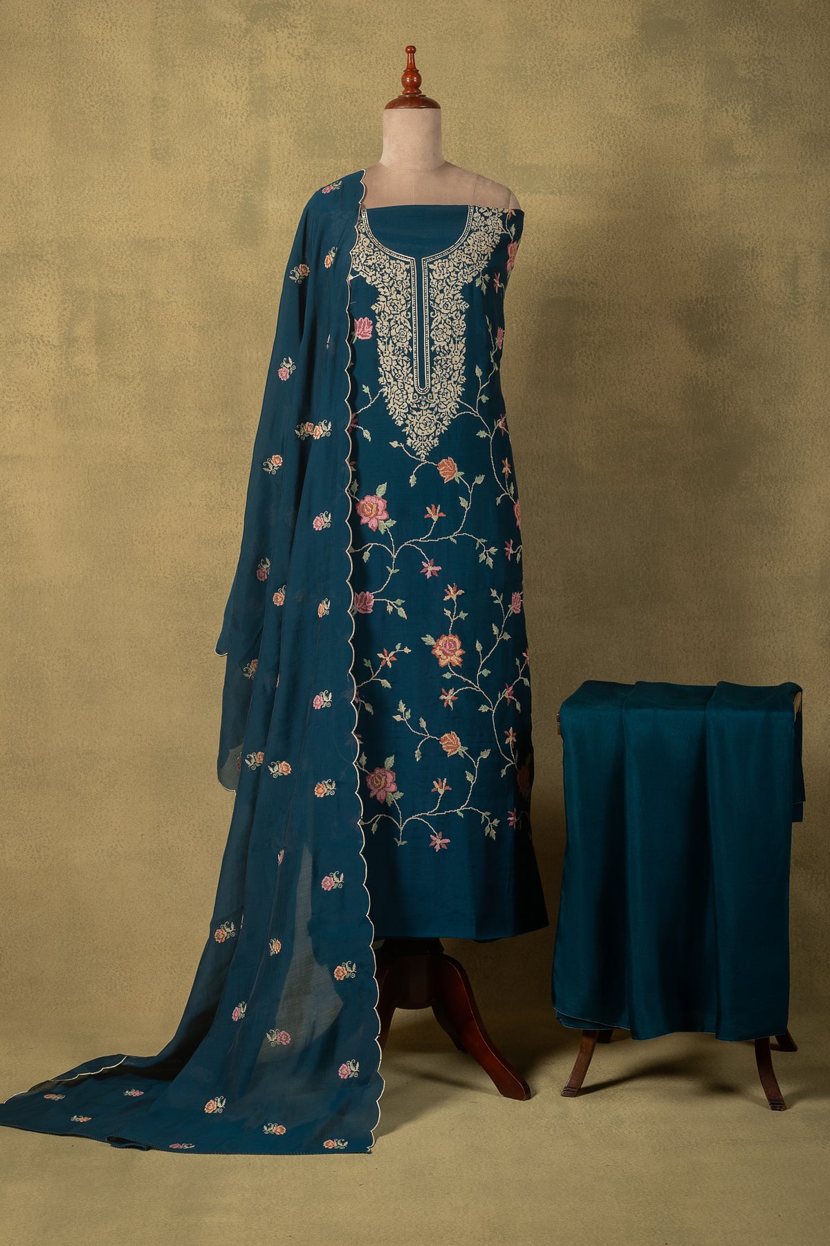 Peacock Blue Floral Muslin Embroidered Unstitched Suit Sterling House