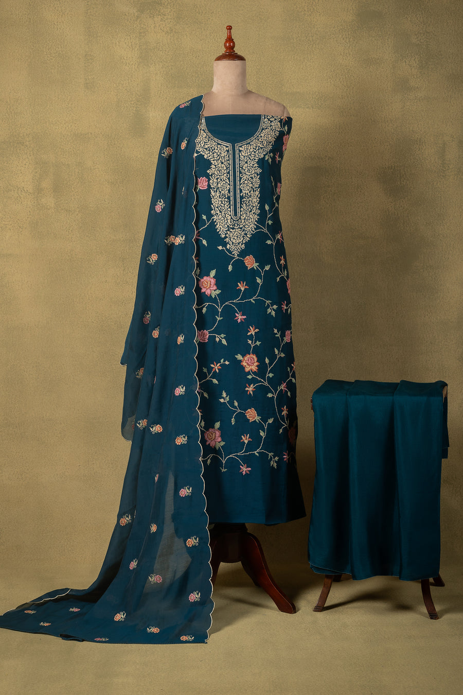 Peacock Blue Floral Muslin Embroidered Unstitched Suit