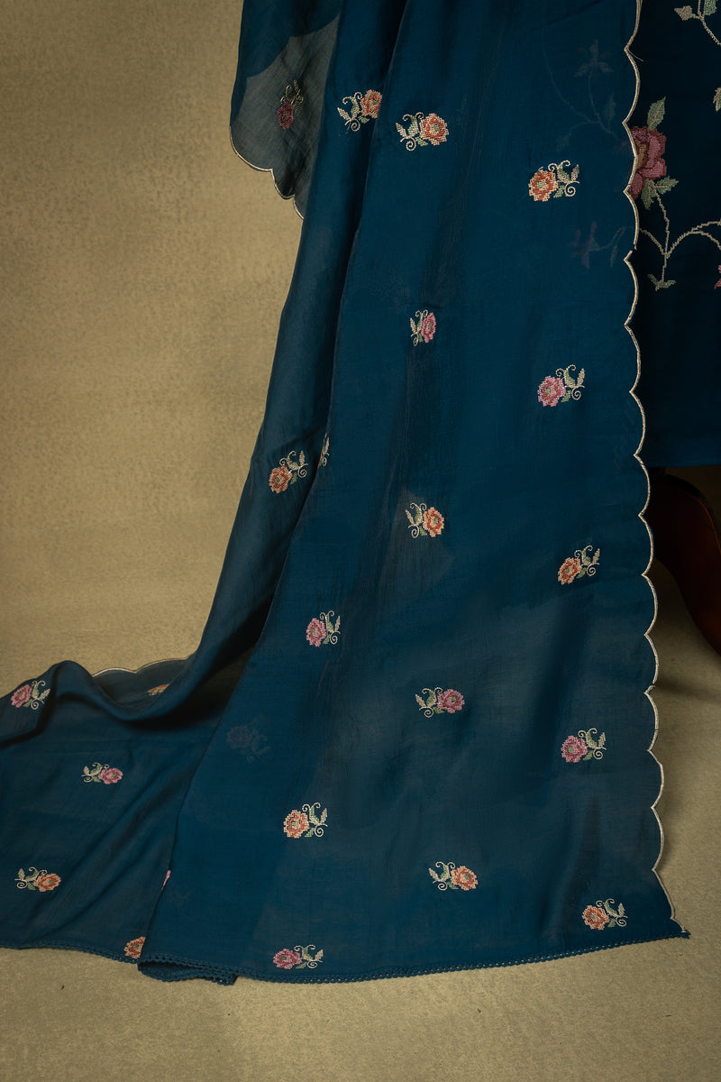 Peacock Blue Floral Muslin Embroidered Unstitched Suit Sterling House